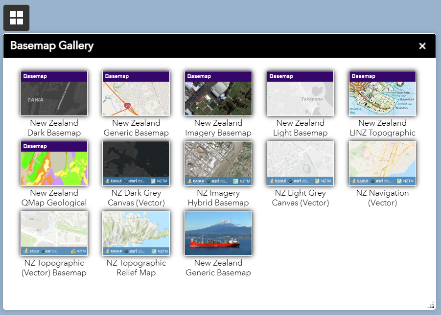 Screenshot of 7 style options in the basemap gallery.