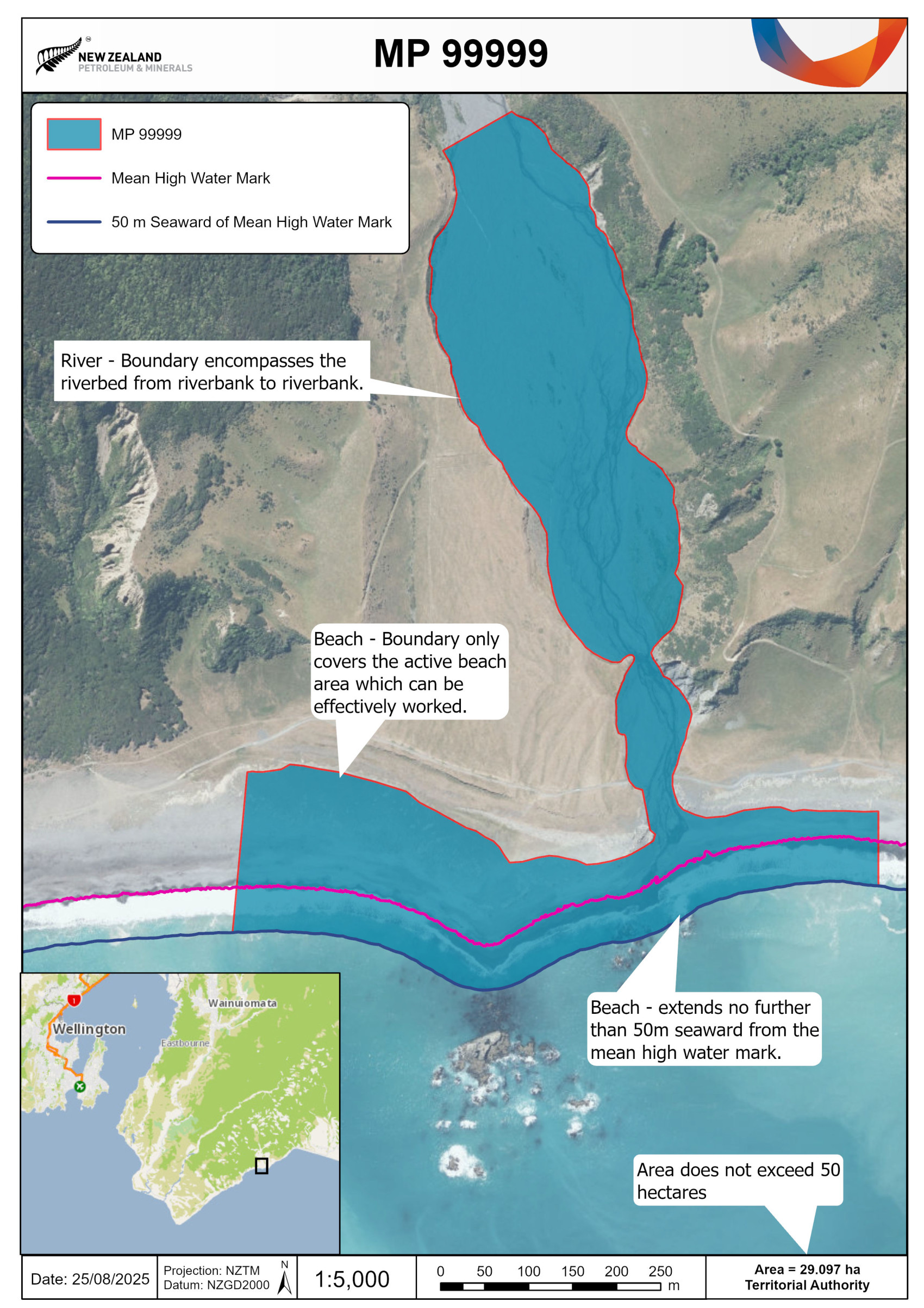 Map showing the boundaries of an example Tier 3 permit MP 99999 near Wellington, including a permit area that appropriately covers the boundary of the river and beach, with annotations on water marks, and a total area of 29 hectares.