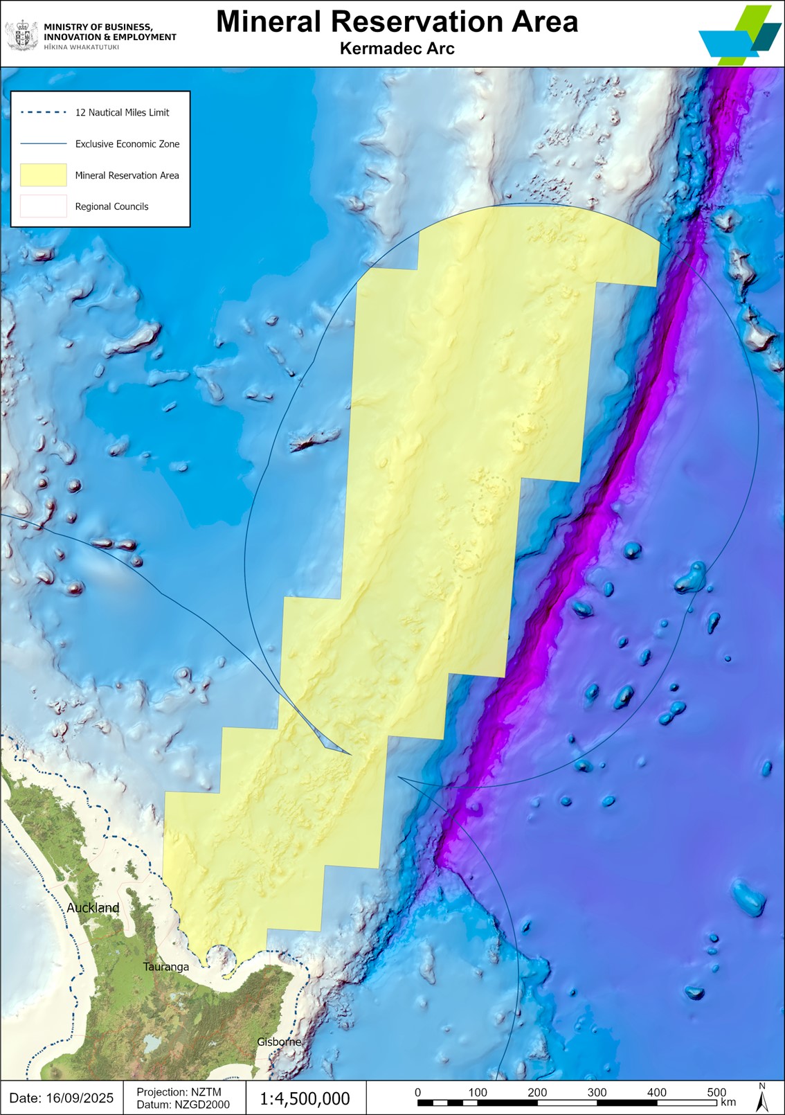 Mineral Reservation Area – Kermadec Arc” showing northern New Zealand from Northland to upper Manawatu-Wanganui and the ocean northeast of the country. Auckland, Tauranga, and Gisborne are labelled. A legend indicates a dashed line for the 12 nautical mil