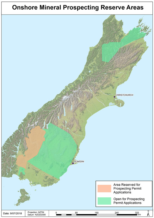A map of New Zealand's South Islanding showing prospecting permit areas in the Otago and Nelson regions.
