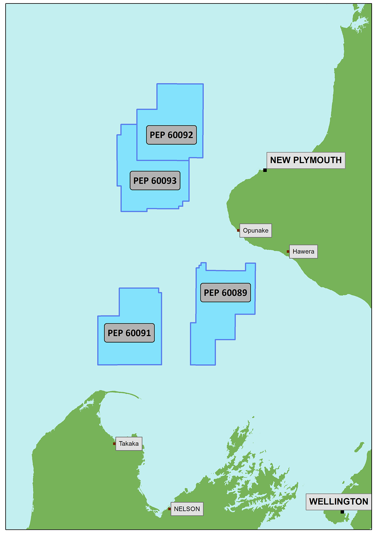 Map showing where Four offshore permits in the Taranaki basin have been granted to OMV NZ