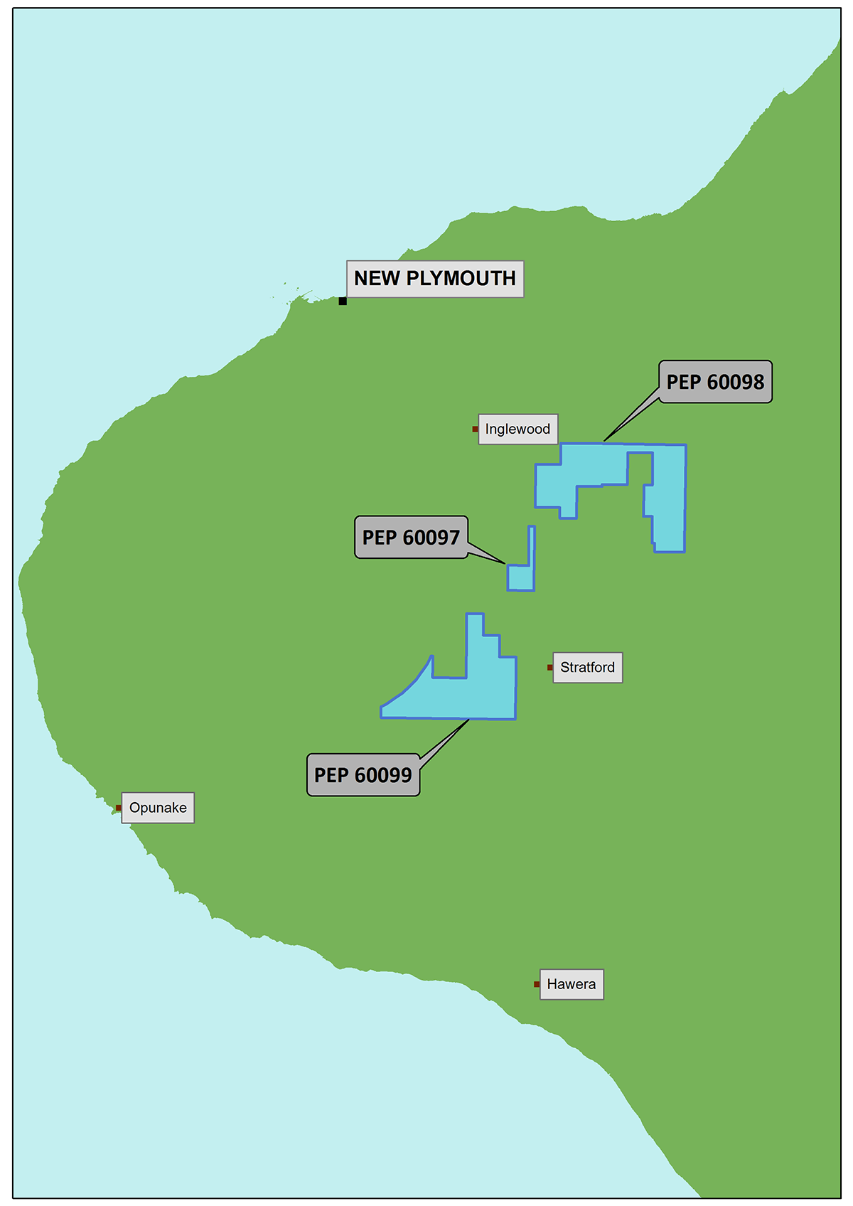 Map showing the three onshore permits in the Taranaki basin that have been granted to Petrochem Ltd