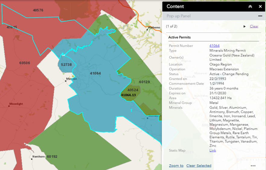 Screenshot of pop-up panel showing map and active permit information.