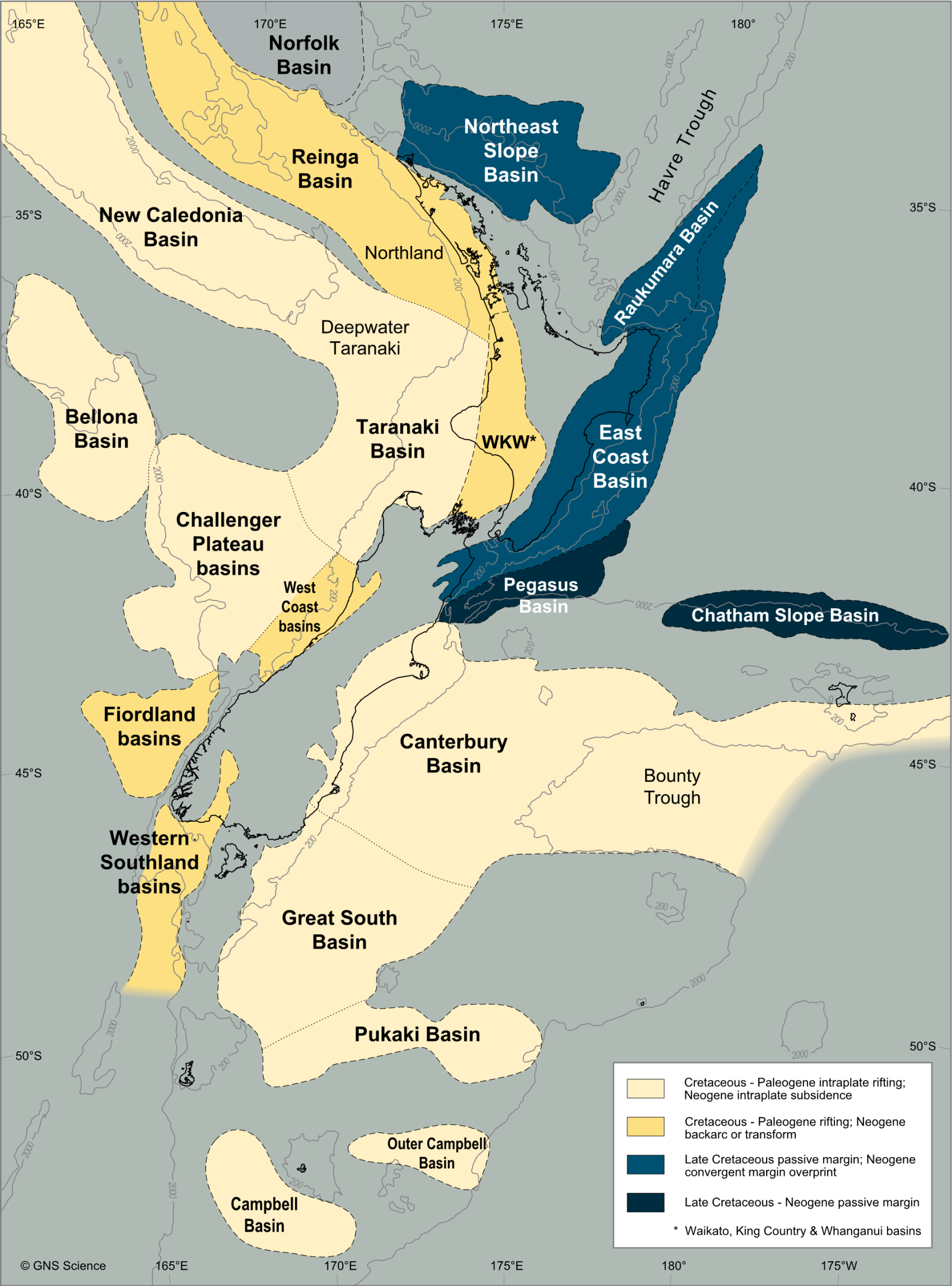 Map of New Zealand showing the locations and names of major petroleum basins, color-coded by geological period and tectonic setting.