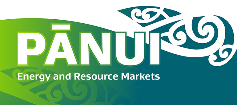 Pānui – Energy and Resource Markets text with green and blue Māori design