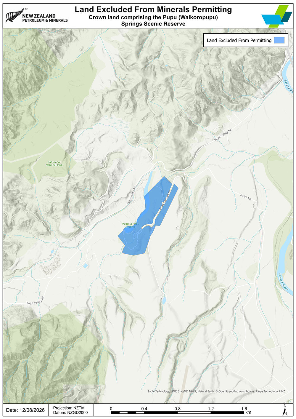 A geographical map of Crown land comprising the Pupu (Waikoropupū) Springs Scenic Reserve. The excluded land is marked in blue colour.