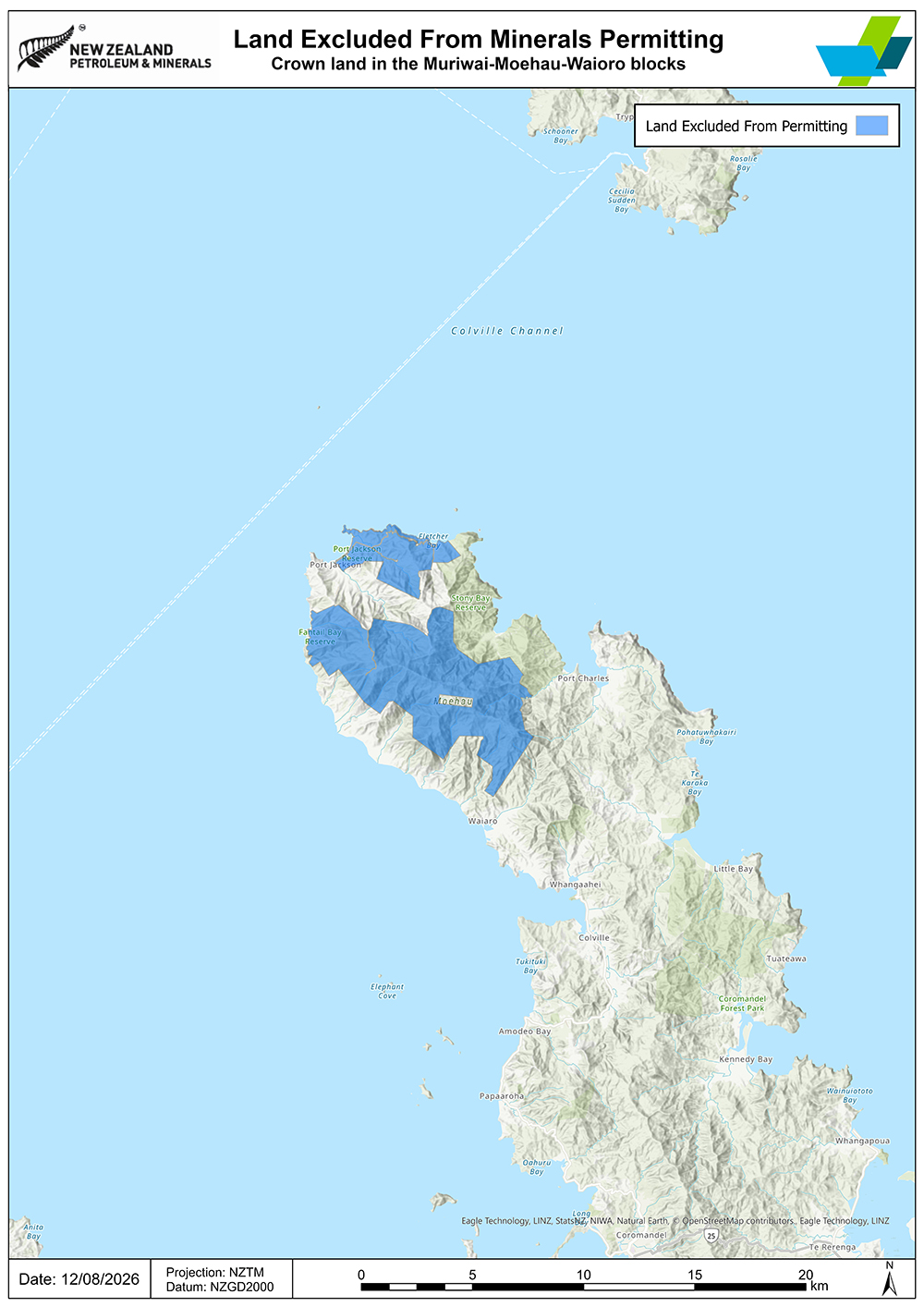 A geographical map of the Crown land in the Muriwai-Moehau-Waioro blocks. The excluded land is marked in blue colour.