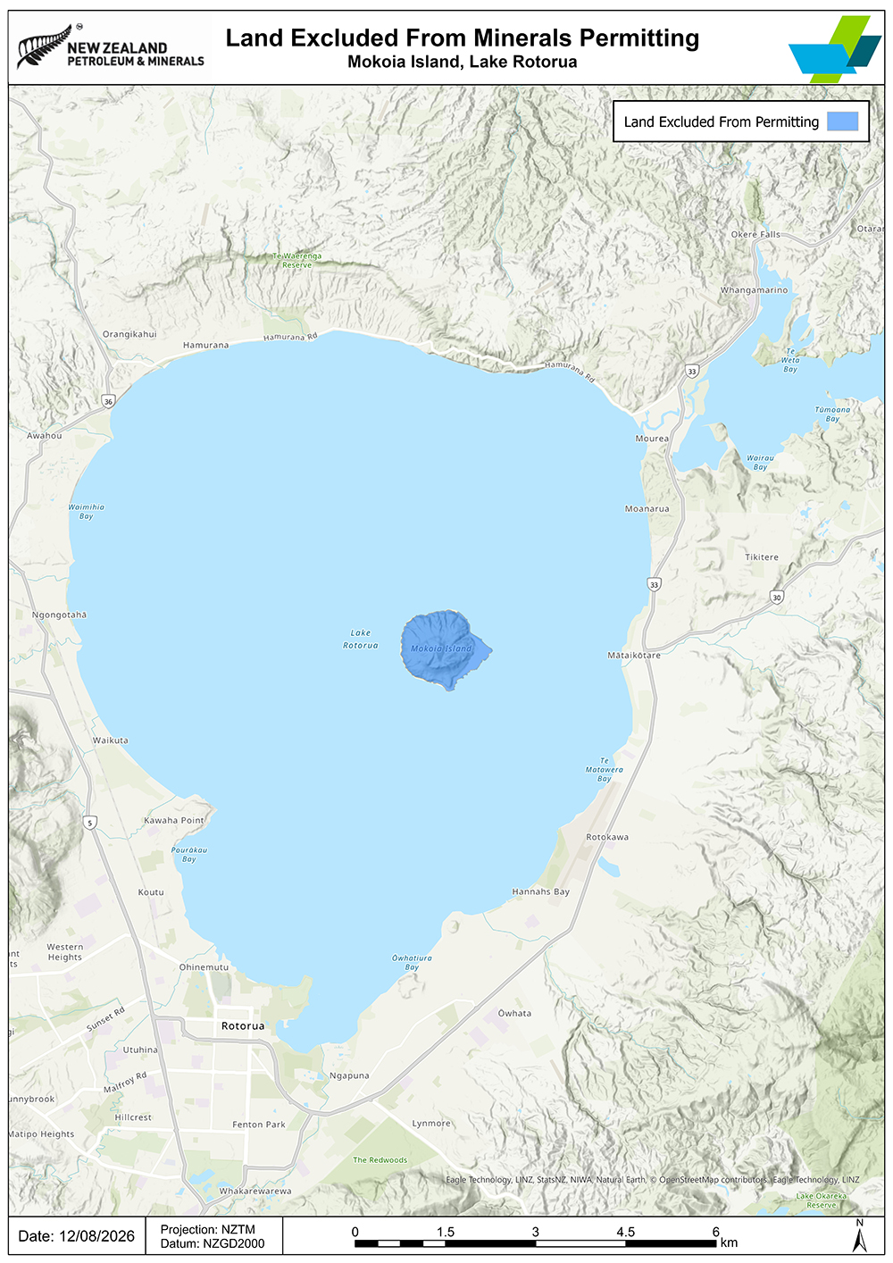 A geographical map of Mokoia Island, Lake Rotorua. The excluded land is marked in blue colour.