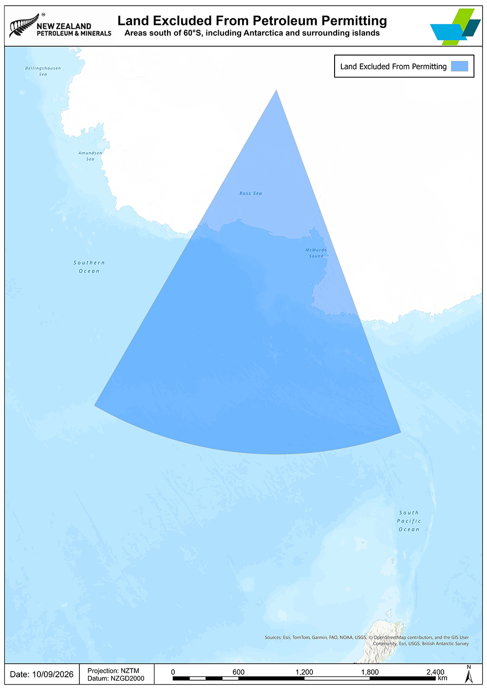 A geographical map of the areas south of latitude 60ºS, including Antarctica and surrounding islands. The excluded land is marked in blue colour.