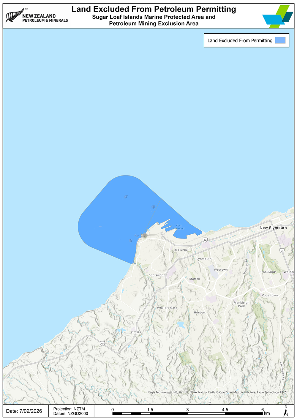 A geographical map of the Sugar Loaf Islands Marine Protected Area Act 1991. The excluded land is marked in blue colour.
