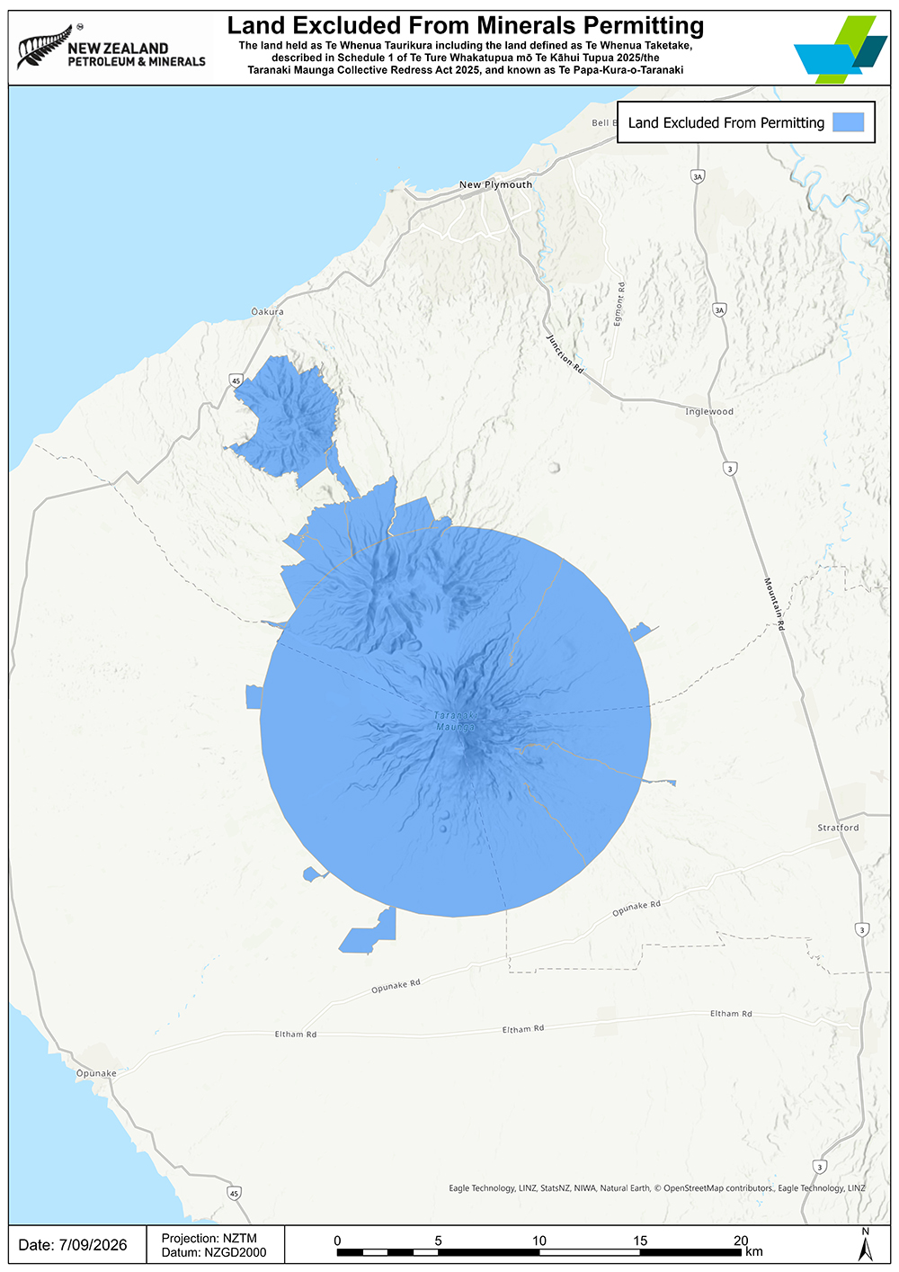 A geographical map of the area Te Papa-Kura-o-Taranaki, including Te Whenua Taurikura and Te Whenua Taketake. The excluded land is marked in blue colour.