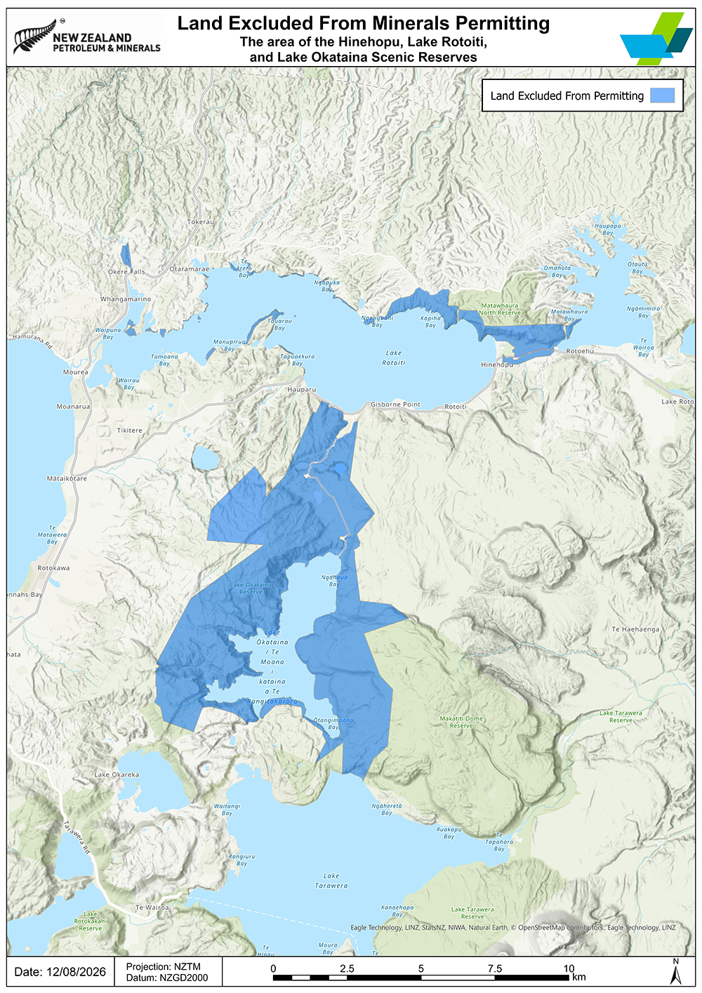 A geographical map of the area of the Hinehopu, Lake Rotoiti, and Lake Ōkataina Scenic Reserves areas. The excluded land is marked in blue colour.