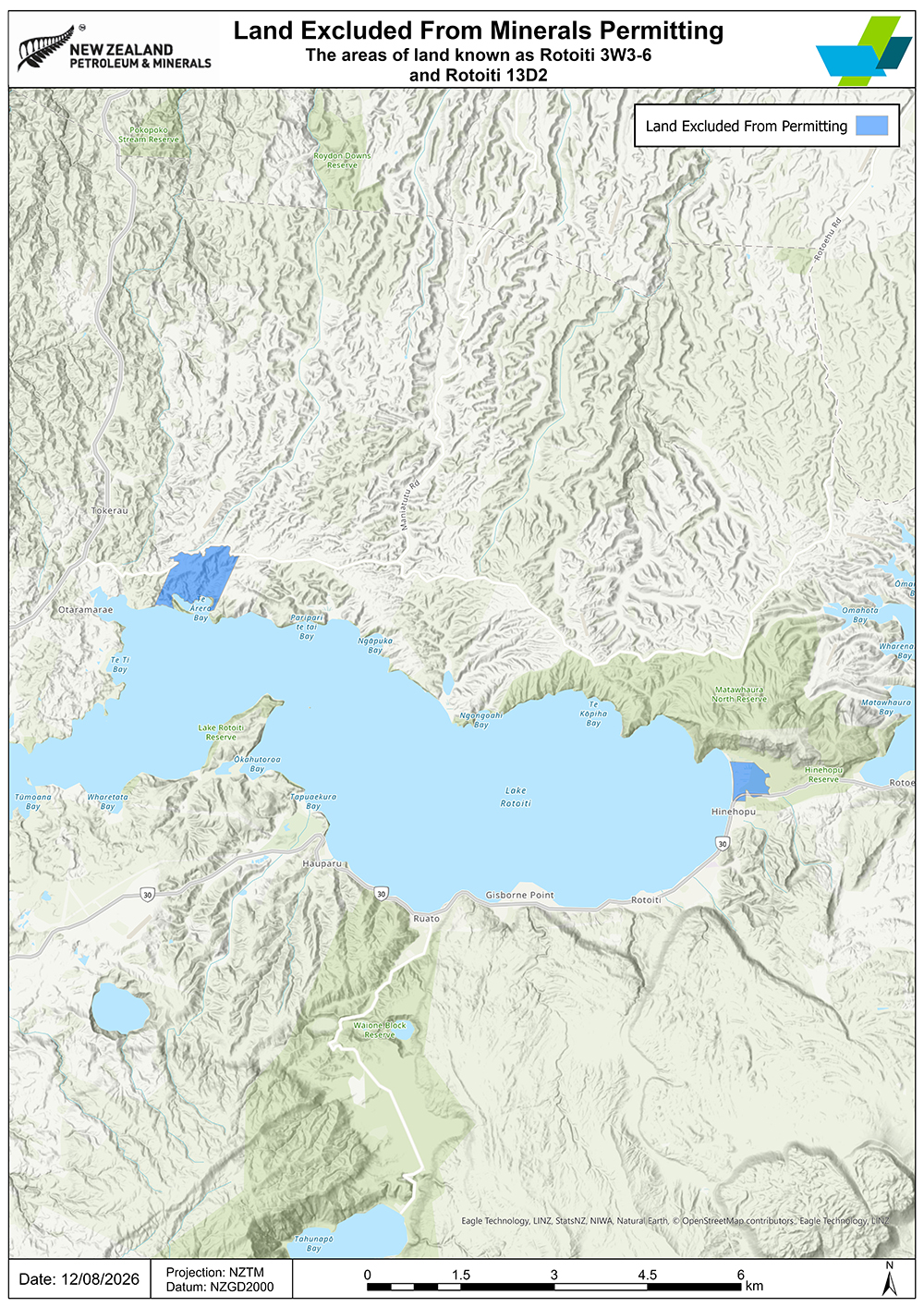A geographical map of the areas of land known as Rotoiti 3W3-6 and Rotoiti 13D2. The excluded land is marked in blue colour.